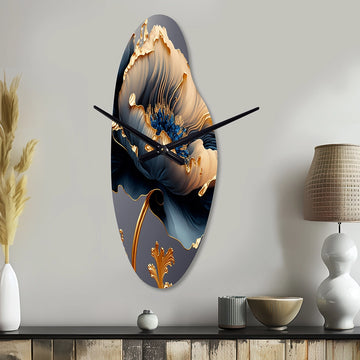 Deep Blue And Gold Single Flower VI - Asymmetric Metal Wall Clock